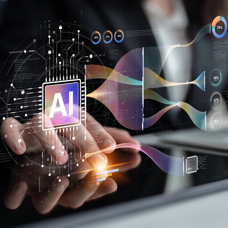 An image of a holographic image of an AI chip showing different metrics.