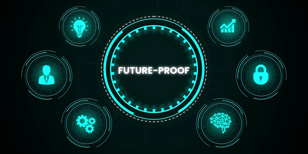 An image with different icons and reads at the center "future proof."