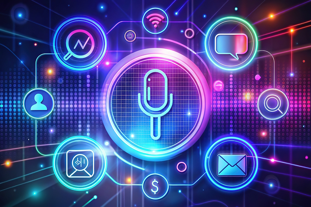 An image of different communication icons representing voice-powered AI.