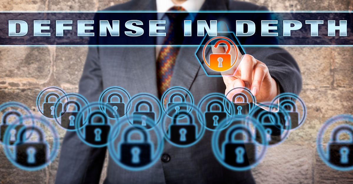 DiDBanner_119008316 An image of a person touching a holographic screen that reads "defense in depth".