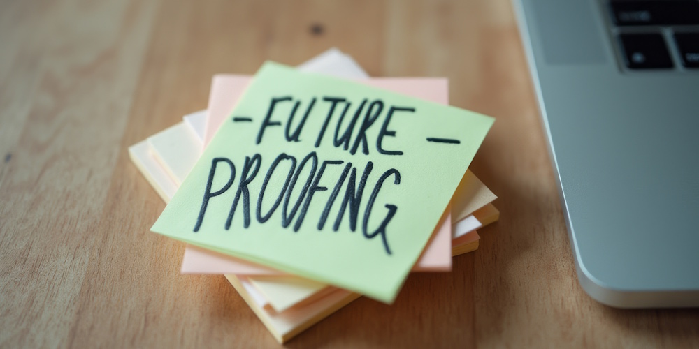 DiDPic5_1146823016 An image of sticky note pads laying on a desk and the top one reads "future proofing".