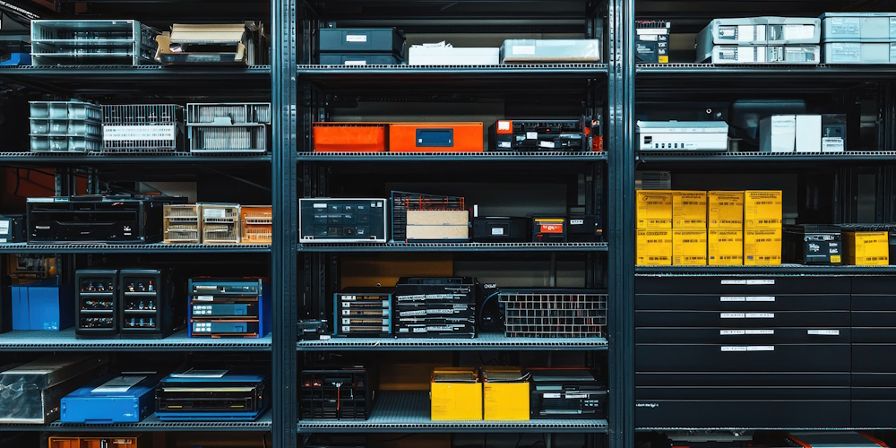 Shelves filled with neatly arranged IT hardware, electronics, and equipment in a storage room.