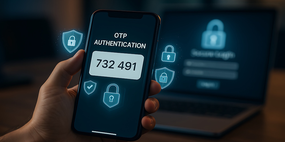 A smartphone screen displaying a one-time password (OTP) authentication code with security icons, held in front of a laptop login screen.