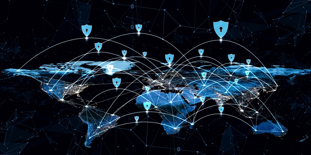 Digital world map with glowing network connections and shield icons symbolizing global cybersecurity.