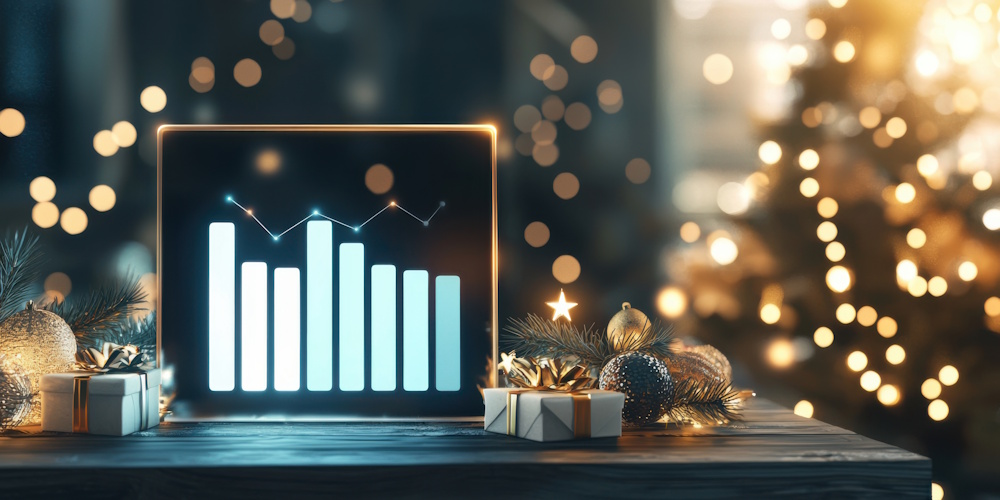 A glowing bar chart with festive holiday decorations, gift boxes, and a Christmas tree in the background.