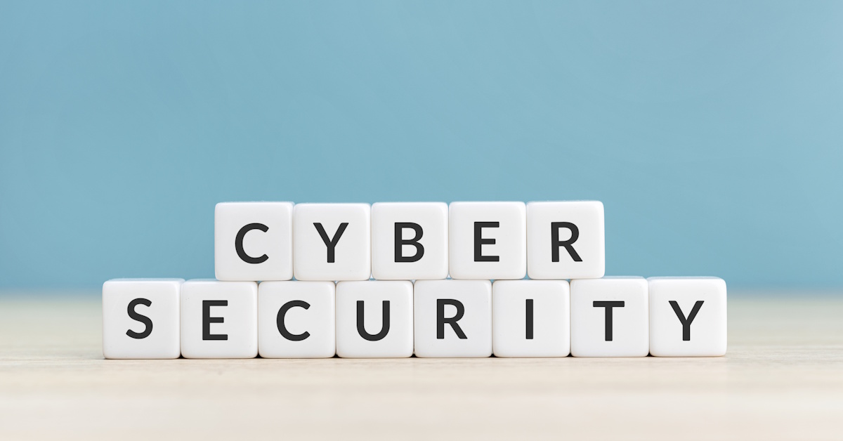Cyber security concept. Text on cube blocks on blue background. Copy space
