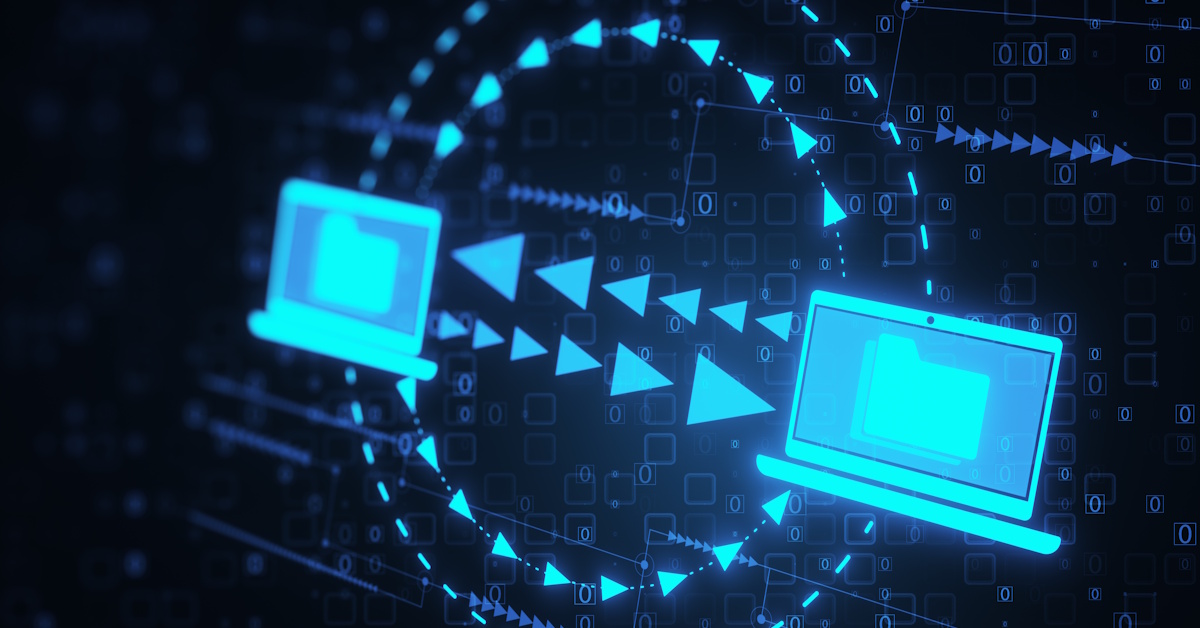 M365MigrationBanner_684506120 Creative digital data transfer and exchange folders on dark wallpaper. Backup data, virtual document storage or loading on cloud service. 3D Rendering