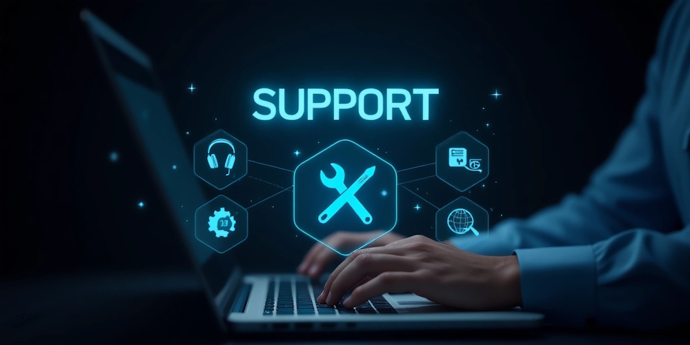 M365MigrationPic10_1396703232 An image of a person sitting at their laptop with a holographic image of support options they are looking for.