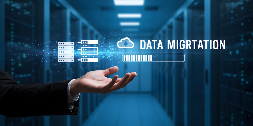 M365MigrationPic1_1557788032 Server icons, status bar and text that read data migration.