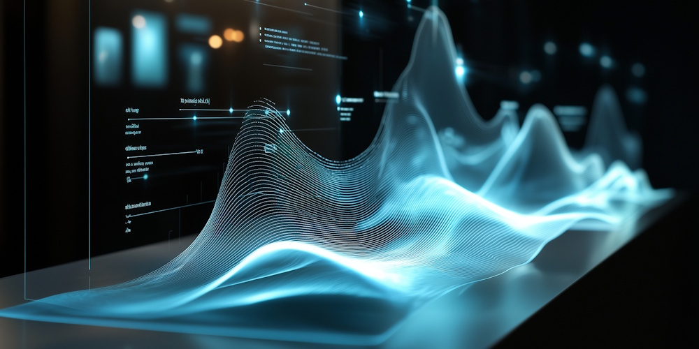 M365MigrationPic4_1110861385 glowing holographic graph displaying timeline of data trends and analytics. futuristic design showcases smooth, flowing lines representing various metrics and insights.